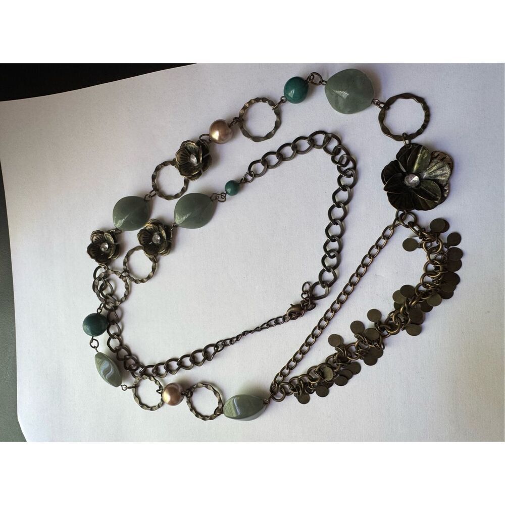 Vintage floral green and brown extra long beaded chain necklace
